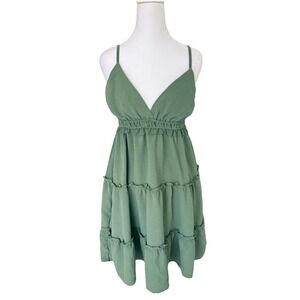 Y2K V-Neck Babydoll Smocked Dress Womens L Forest Fairy Cottagecore Boho Ruffle